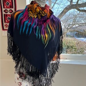 Black silk tulips printed Fringed Scarf shawl
